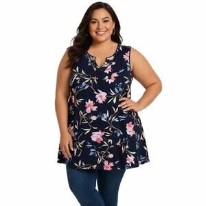 Woman Within Sleevless Top 1X 22/24 Floral Blue Tunic